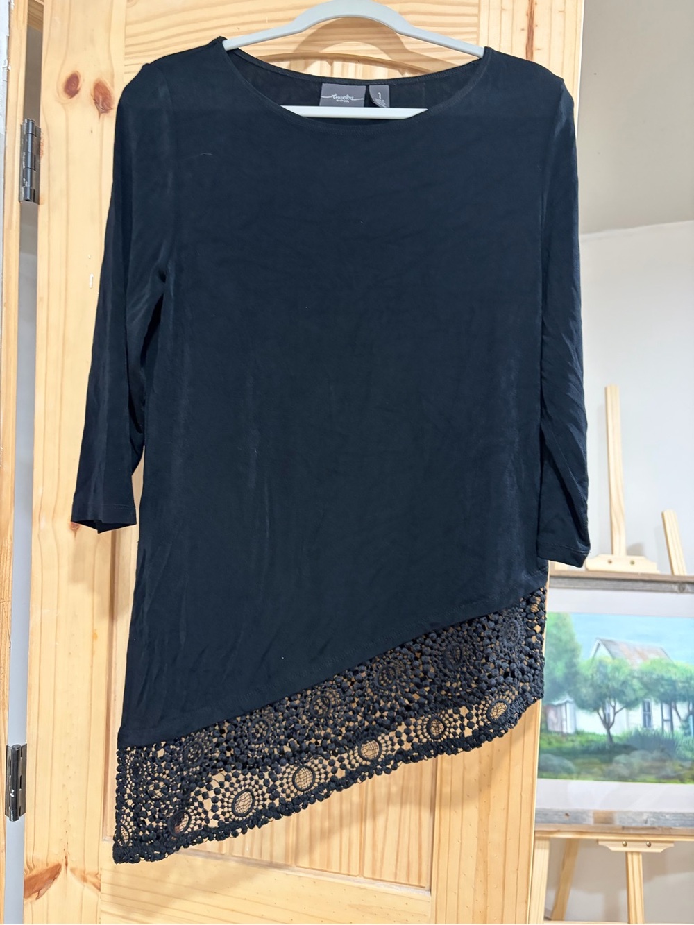 Chico's Black Asymmetrical Tunic with Crochet Lace Hem